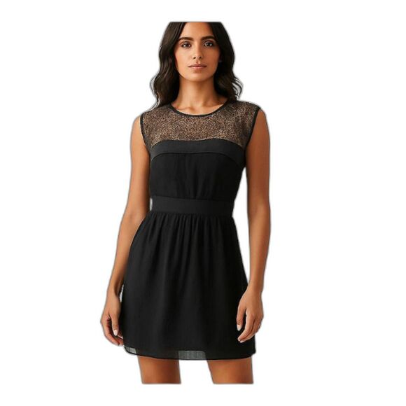 Sandro 100% Silk Chic Paris Black Lace Yoke Cocktail Dress Elegant Mini, Sz 6 US - Picture 1 of 11